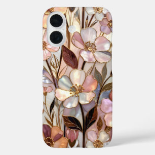 Coque Pour iPhone 16 Boîtier iPhone Fleurs en Verre Coloré Or Pastel Lu