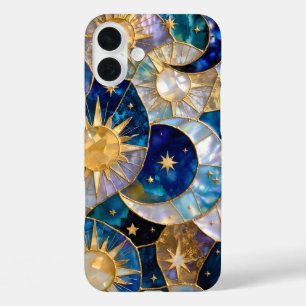 Coques iPhone 16 Plus Boîtier iPhone Soleil Lune Verre Bleu Doré Stained