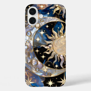 Coques iPhone 16 Plus Boîtier iPhone Soleil Lune Verre Peint Céleste Or