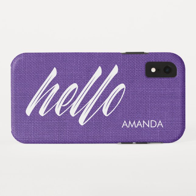 Coques Case-Mate iPhone Bonjour Blanc Nom Script Purple Linen Texture Phot (Dos (Horizontal))