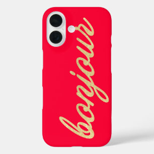 Coque Pour iPhone 16 Bonjour dans Gold Script Rouge Français Hello