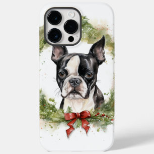 Coque Pour Pour iPhone 14 Pro Max Boston Terrier Noël Wreath Festive Pup