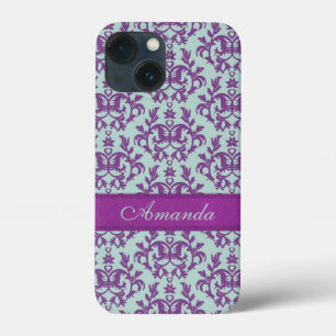 iPhone 13 Mini Coque Botanique damassé violet émeraude