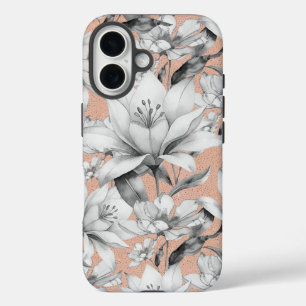 Coque Pour iPhone 16 Botanique noir blanc rose or parties scintillant f