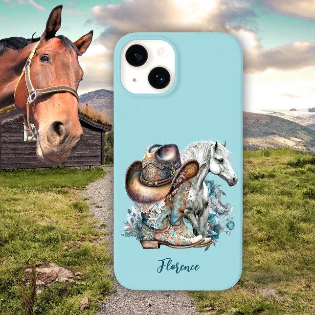 Coques Case-Mate iPhone Botte de cheval Cowgirl bottes de cowboy casquette (Horsegirl, horse lover personalized turquoise western style cowboy boots cowboy hat phone case.)