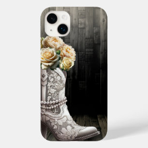 Coque Pour iPhone 14 Plus Bottes à lacets de cowgirl et fleurs blanches mari
