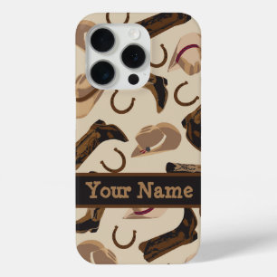 Coque iPhone 15 Pro Bottes Casquettes Western Cowboy Nom Beige Personn
