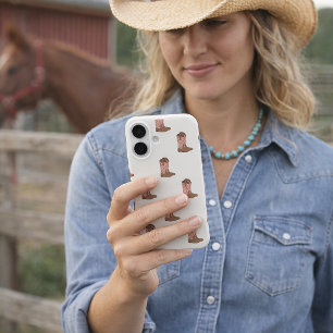 Coque Pour iPhone 16 Bottes de cowboy rose avec fausses étoiles scintil