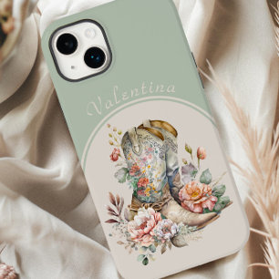 Coque Pour iPhone 14 Plus Bottes de cowgirl florales en vert Arch personnali