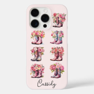 Coques iPhone 16 Pro Bottes de cowgirl roses avec fleurs monogrammées