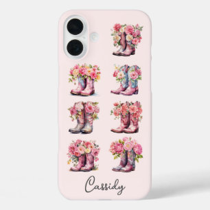 Coques iPhone 16 Plus Bottes de cowgirl roses avec fleurs monogrammées