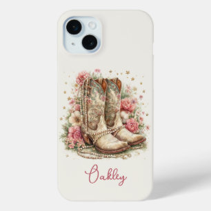 Coque iPhone 15 Mini Bottes élégantes de cowgirl avec monogramme de fle