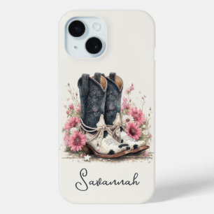 Coque Pour iPhone 15 Bottes élégantes en cuir de vache avec fleurs mono