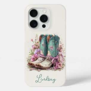 Coque iPhone 15 Pro Bottes sarcelles élégantes avec monogramme de fleu