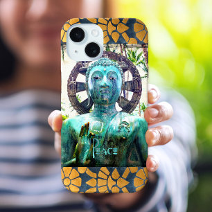 Coque Pour iPhone 15 Bouddha Turquoise Photo Mosaïque Bordure Dorée