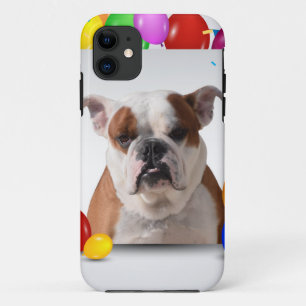 Coque iPhone 11 Bouledogue avec ballons colorés thème d'anniversai