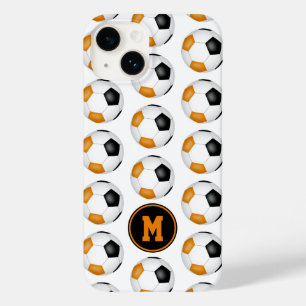 Coque Pour iPhone 14 boules de football orange noir motif monogrammé