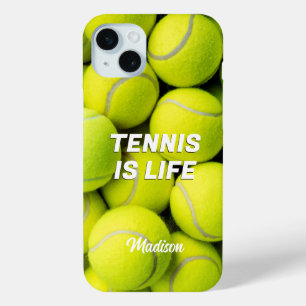 Coque iPhone 15 Mini Boules de tennis de nom et de texte personnalisées