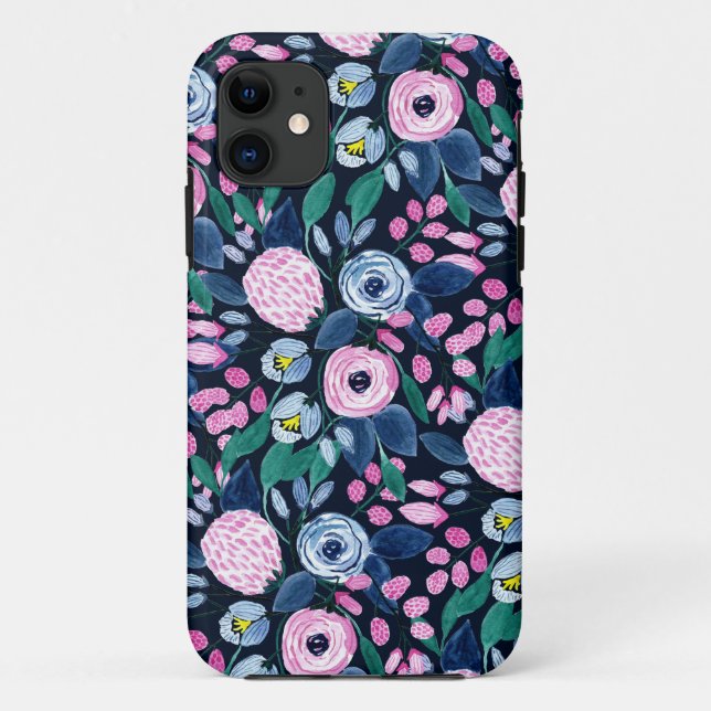 Coques Case-Mate iPhone Bouquet d'aquarelle bleu marine rose (Dos)