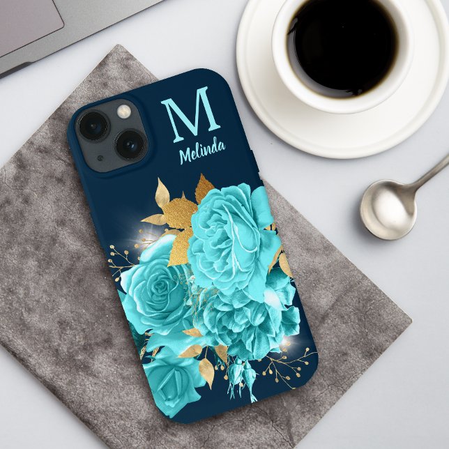 Coques Case-Mate iPhone Bouquet de Rose bleu Aqua Monogramme Coque-Mate (Créateur téléchargé)