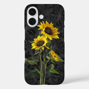 Coque Pour iPhone 16 Bouquet De Tournesol Sur Damas Noires