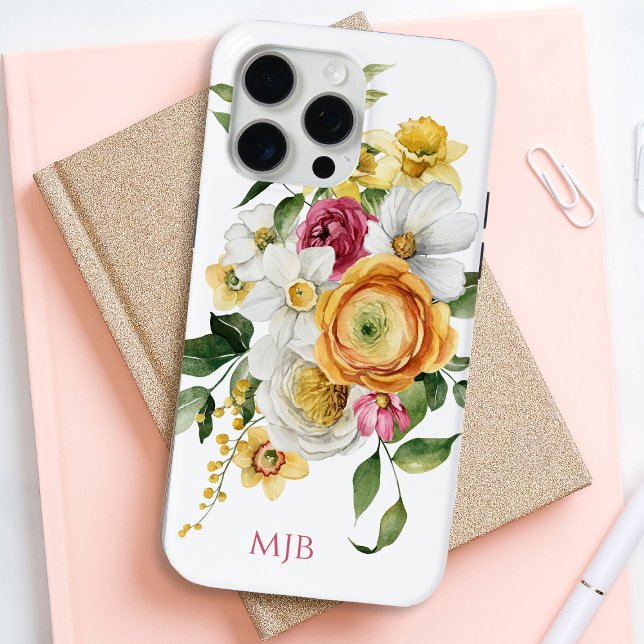 Coques Case-Mate iPhone Bouquet floral de printemps brillant avec Monogram (Personalize this floral iPhone case with your monogram initials.)