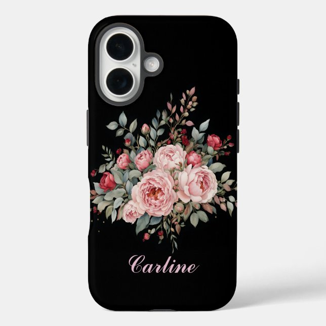 Coques Case-Mate iPhone Bouquet rose et rose rouge sur noir (Verso)