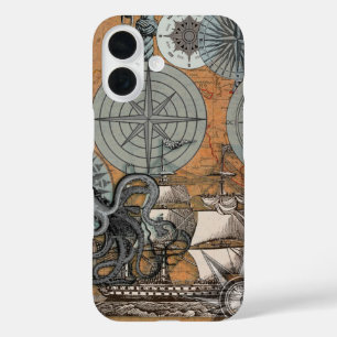 Coque Pour iPhone 16 Boussole Rose Vintage Nautique Octopus Ship