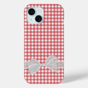 Coque Pour iPhone 15 Bow blanc sur En vichy rouge et blanc