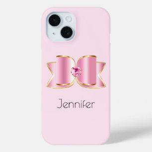 Coque Pour iPhone 15 Bow en verre rose avec pierre centrale