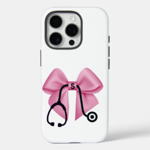 Coques iPhone 16 Pro Bow rose et stéthoscope Personnalisé Médicale