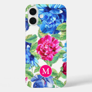 Coques iPhone 16 Plus Bright rose and Blue Floral Joli Monogramme