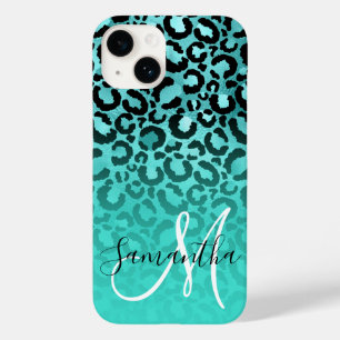 Coque Pour iPhone 14 Bright Turquoise Léopard Ombré Monogramme