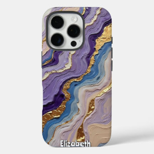 Coques iPhone 16 Pro Brindilles de marbre pourpre et bleu avec or