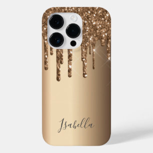 Coque Pour iPhone 14 Pro Bronze parties scintillant goutte cuivre monogramm