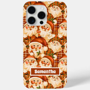 Coque iPhone 15 Pro Max Brown Vintage Santa Claus Tartan Plaid Noël