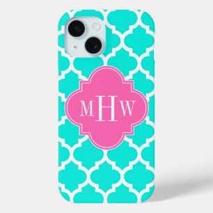 Coque Pour iPhone 15 Brt Aqua Wht Marocain #5 HotPink2 Monogramme initi
