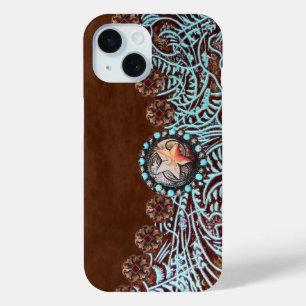 Coque Pour iPhone 15 brun turquoise western pays à outils cuir