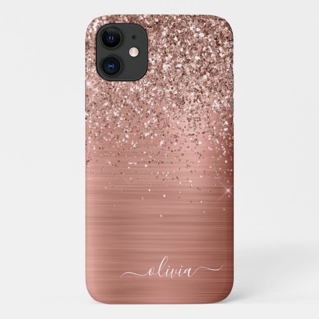 Coques Case-Mate iPhone Brushed metal rose Gold Pink Glitter Monogram (Dos)