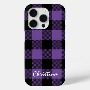Coque iPhone 15 Pro Buffle violet et noir Plaid personnalisé