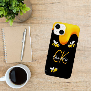 Coque Pour iPhone 14 Bumble abeilles miel noir goutte monogramme