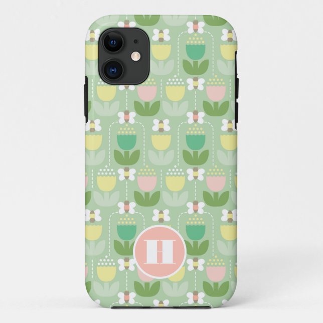 Coques Case-Mate iPhone Bumble Bee & Tulips Rose et vert Monogramme initia (Dos)