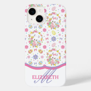 Coque Pour iPhone 14 Bunnies de Pâques Motif Floral Monogramme Nom
