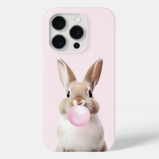 Coque iPhone 15 Pro Bunny Beige Tan Brillant Buble Rose Gum