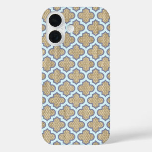 Coques iPhone 16 Burlap & Blue Girly Quatrefoil Motif Trendy Cute