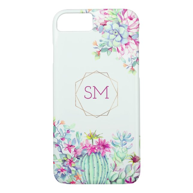 Coques Case-Mate iPhone Cactus Aquarelle Succulente Monogramme géométrique (Dos)