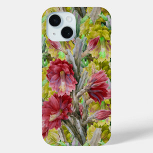 COQUE POUR iPhone 15 CACTUS FLEURIER, FLEURS JAUNES ROUGES FLEURS