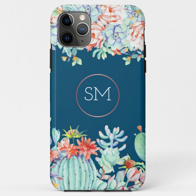 Coques Case-Mate iPhone Cactus Monogramme Succulent Océan Blue Monogramme (Dos)