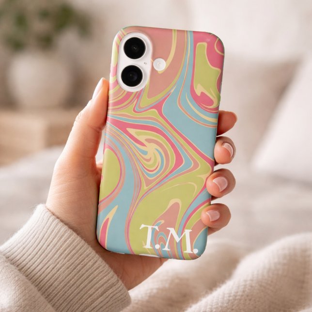 Coques Case-Mate iPhone Cadeau d'anniversaire Marbre Rose & Vert Monogramm (Créateur téléchargé)