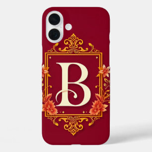 Coques iPhone 16 Plus Cadre de monogramme rouge élégant avec embellissem